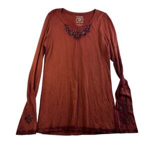 Velvet Stone L Large Shirt Rhinestone Bling Biker Grunge Cross Top Embroidered